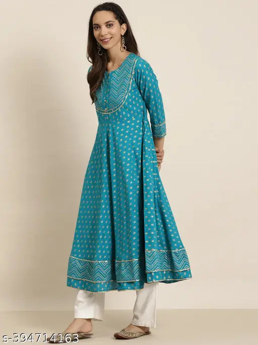 Blue cotton-blend women's floral round kurti by Yash Gallery, 3/4 sleeves, V-neck