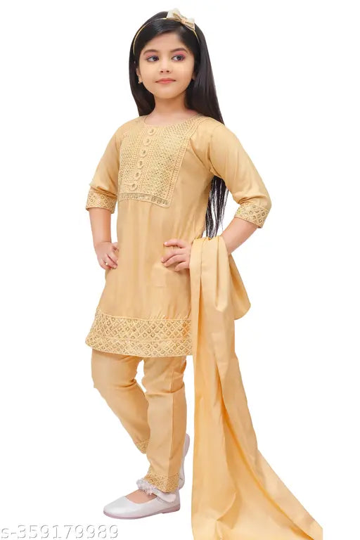 Kids cotton blend A-line kurta pajama with dupatta, solid pattern, long sleeves, sizes: 12-18M, 18-24M, 1-2Y, 2-3Y, 3-4Y, 4-5Y, 5-6Y, 6-7Y, 7-8Y, 8-9Y, 9-10Y. Made in India
