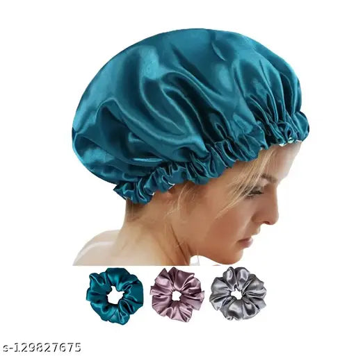 Teal ARMOXA satin silk hair bonnet & shower cap, adjustable for comfortable wear (Self-design pattern)