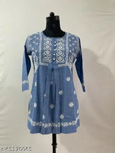 Denim cotton top with chikankari hand embroidery, three-quarter sleeves, rayon fabric. XS-XXL sizes available, soft and comfortable women's kurti from Lucknow, India