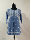 Denim cotton top with chikankari hand embroidery, three-quarter sleeves, rayon fabric. XS-XXL sizes available, soft and comfortable women's kurti from Lucknow, India