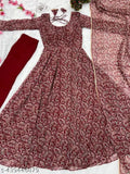 Women's printed Georgette Anarkali Kurta with attached dupatta, Indian traditional outfit in vibrant pattern, available in S-XXL sizes