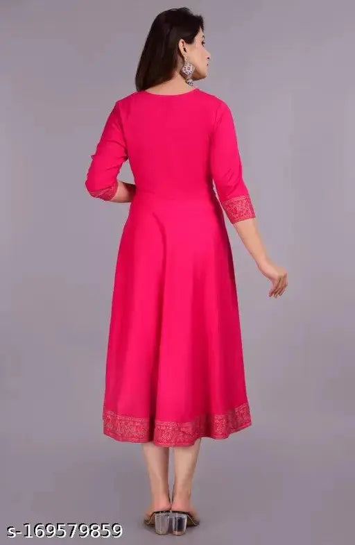 New printed rayon Anarkali gown kurta in solid combo, three-quarter sleeves - Indian traditional fashion for functions, festivals, parties, and weddings