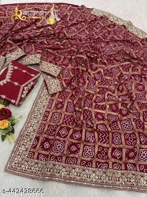 Maroon Bandhani printed silk saree with embroidered work, free size, origin India