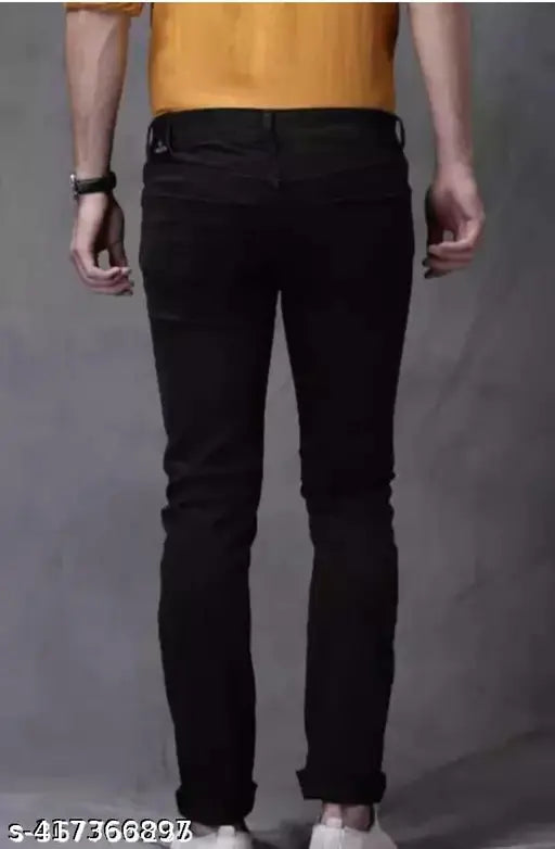 Cotton blend black men's jeans, mid-rise, slim fit, five pockets, stretchable denim fabric, machine wash, India origin