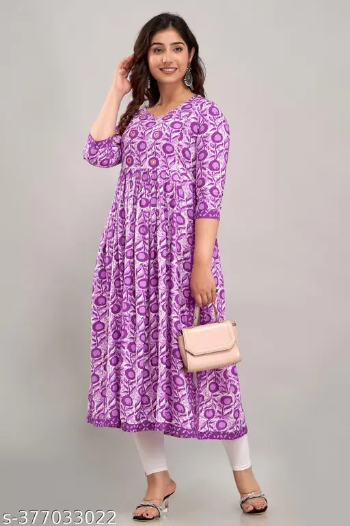 Purple Rayon Anarkali Kurta with Nayra Cut, suitable for daily, party, casual, and office wear. Available in multiple sizes, featuring a printed pattern and comfortable rayon-cotton fabric. Made in India
