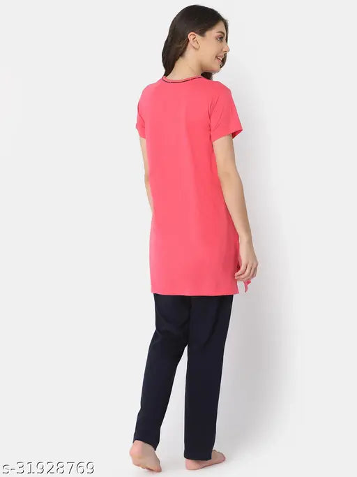 Pink cotton navy women's pyjama suit with floral print, soft cotton fabric for comfortable sleep