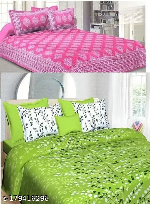 Jaipur cotton printed double bed bedsheets - pack of 2, superfine botanical design for summer adult use, India-made