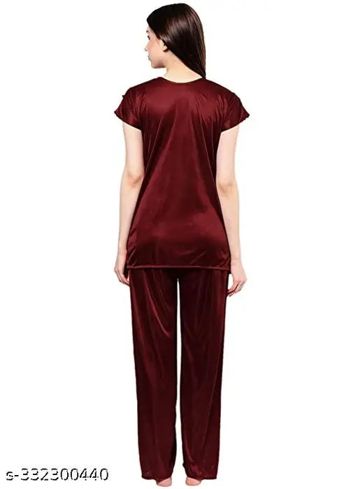 Satin night suit/dress, warm-toned pyjama top and dress set with short sleeves, made for comfortable winter nights, Indian origin