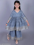 Grey cotton hand block print Anarkali/Flared Kurta & Sharara Set for girls, featuring intricate embellishments and traditional Indian prints. Perfect for special occasions or festive celebrations in sizes 2-14 years