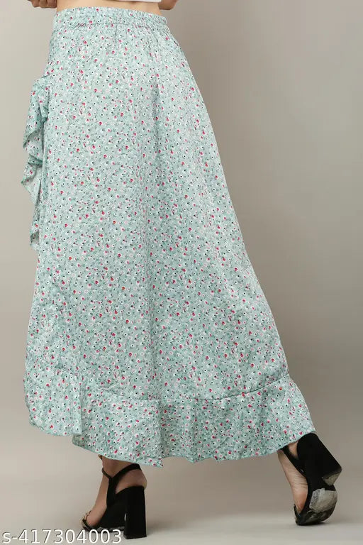 Flower print ruffle rayon skirt for women, soft fabric, enhances fashion, sizes 28-34, Indian origin