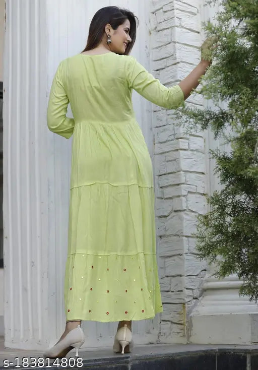 Stylish rayon embroidered & solid print flair kurti, ideal for festivals or formal wear