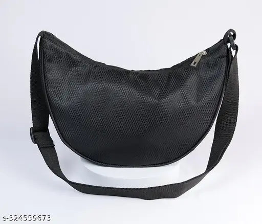 Black and olive BIZA Collection dumpling crossbody shoulder bag, lightweight polyester sling bag for travel and shopping with zipper closure, solid net pattern, free size (12x6x3 in), India-made