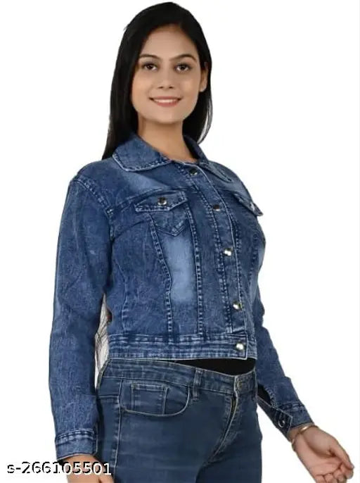 Blue denim jacket, long sleeves, dyed/washed for girls' stylish wear
