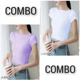 Women's ribbed lycra short sleeve t-shirt, solid color for fashionable casual wear