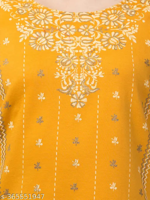 Woolen yellow printed A-line kurti with three-quarter sleeves, latest fashionable woolen kurti on mannequin