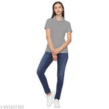 Grey cotton blend half-sleeve polo neck, stylish trendy shirt for women's formal or casual office wear