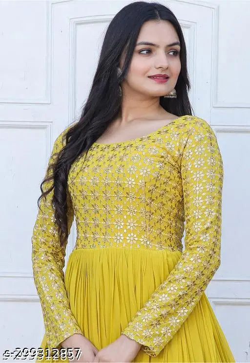 Stylish ethnic sequin Georgette gown with long sleeves, embroidered net, and 7mm sequins, perfect for weddings, festivals, or parties. Indian-made