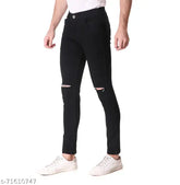 Best Quality Men's Black Knee-Cut Stretchable Denim Jeans, solid pattern, comfortable fit for parties, sizes 28-36, made in India