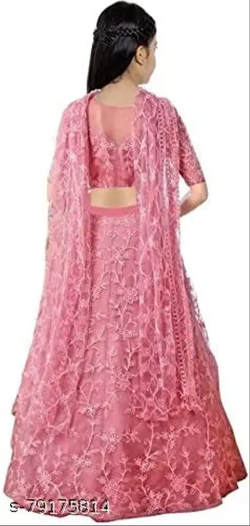 Pink net lehenga and dupatta set for kids, embellished with embroidery on short sleeves
