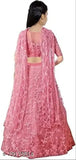 Pink net lehenga and dupatta set for kids, embellished with embroidery on short sleeves