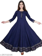 Navy blue rayon three-quarter sleeve solid kurta, comfortable daily wear with front design, Indian fashion trend