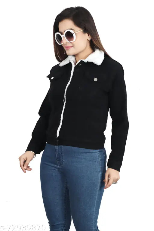 Black denim fur jacket, solid pattern with long sleeves and best quality craftsmanship from India (size S: bust 34in, length 21in, shoulder 14in)