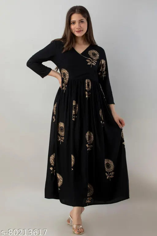 Designer rayon Angrakha Kurti with floral print, three-quarter sleeves for festive or casual wear