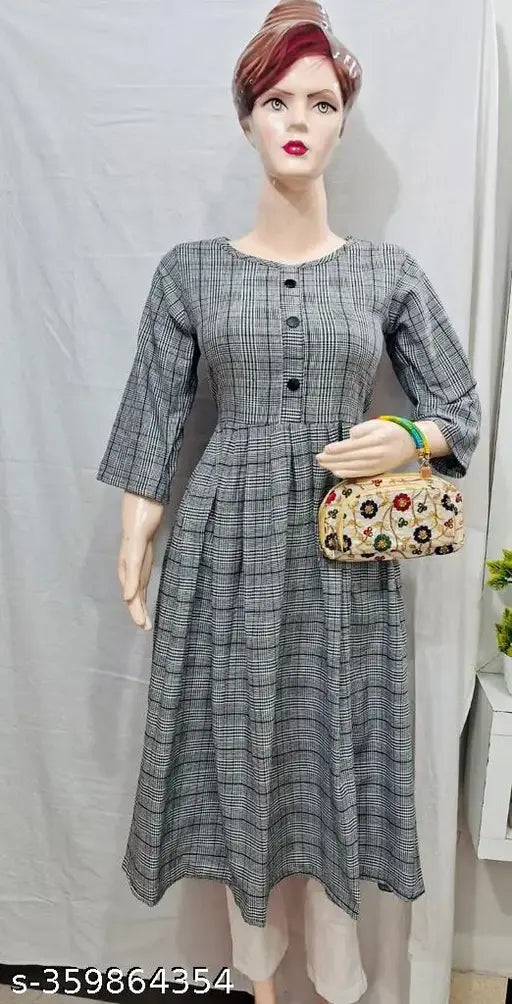 Black woolen kurti with three-quarter sleeves and printed check design. Ideal for winter casual or formal wear