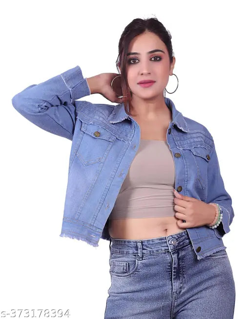 Light blue washed denim jacket for women, three-quarter sleeve, distressed denim with pocket, stretch fitted outwear