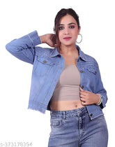 Light blue washed denim jacket for women, three-quarter sleeve, distressed denim with pocket, stretch fitted outwear