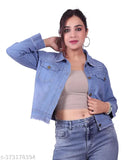 Light blue washed denim jacket for women, three-quarter sleeve, distressed denim with pocket, stretch fitted outwear
