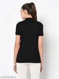 Black cotton polo neck t-shirt for women by SHARKTRIBE, solid design, short sleeves