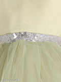 Green layered hi-low party dress for girls, net fabric with toy balloon print, sleeveless, 3-4 years size