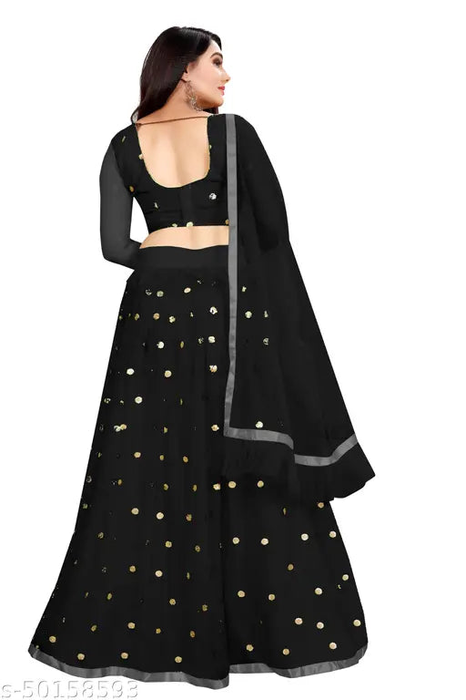 Embellished satin and net lehengas by PMD FASHION, free size with solid dupatta" (96 characters)