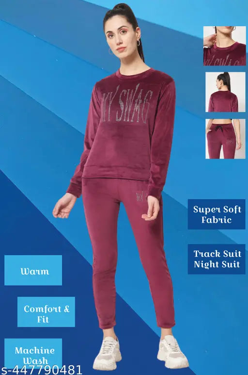 Women's winter wine velvet track suit set with sweashirt & pyjama - elegant, cozy, and fancy designed nightwear in soft fabrics for comfortable sleep or relaxing at home. Perfect gift idea for loved ones, country of origin: India