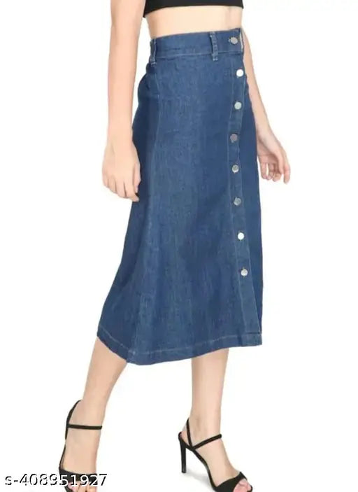 Denim long skirt for women & girls, solid blue denim garment on hanger
