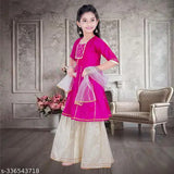 Striped A-line dupion silk kurta sharara set for kids ethnic wear, lace embellished, comfortable and seasonal