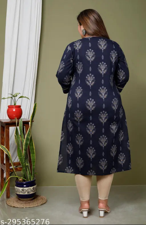 Dark blue cotton plus size straight kurta with floral print for women, three-quarter sleeves