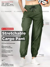 Women's solid Lycra cargo jogger pant, features 4 pockets with drawstring & metal tip, fashionable and comfortable for casual wear or parties. Made in India