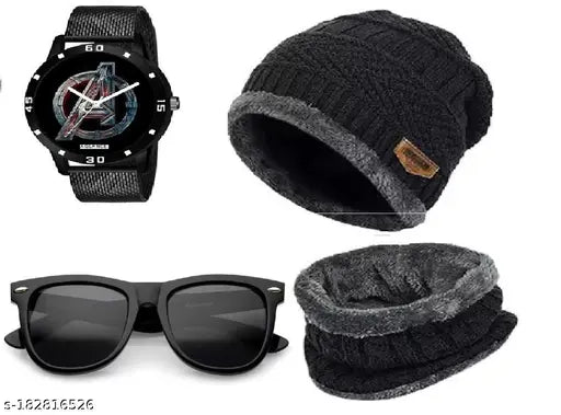 Wool beanie cap set with Avengers analog watch and sunglasses, perfect winter gear for kids