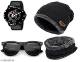 Wool beanie cap pack (2), black avengers print analog watch & sunglasses combo for kids, fur patterned winter accessory