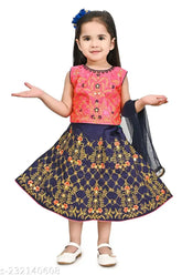 Embroidered chanderi silk lehenga and linen dupatta for kids, short-sleeved set in 18-24 months size. Indian made, quality assured for little ones