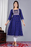 Blue rayon, three-quarter sleeve floral printed Aline Kurta - stylish women's wedding/party wear