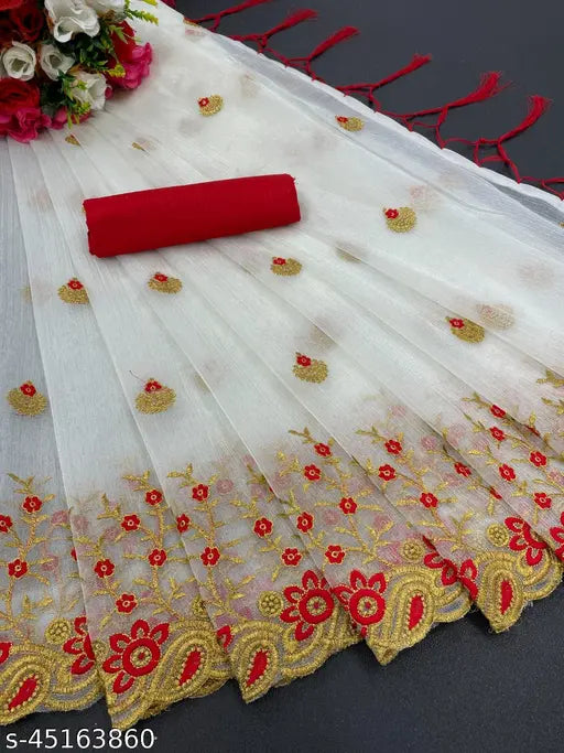 Red super net embroidery saree with dupion silk blouse, intricate multithread embroidery work