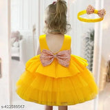 Yellow net frock for baby girl, sleeveless and solid pattern, 0-1 years size (22 inches)