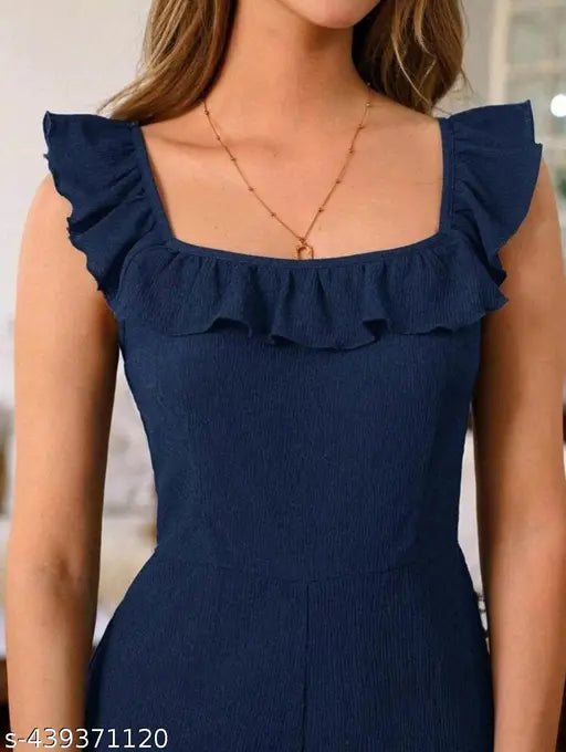 Comfy lycra jumpsuit for women, solid blue & black, high-waisted, sleeveless design, long length, regular fit