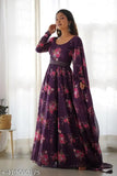 Printed georgette gown with dupatta for women, long sleeves, vibrant party wear, Indian festival attire