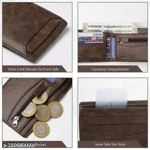 Brown faux leather ATM wallet, 2-compartment design for men and boys. Solid pattern, 7 card slots, 1 coin chain pocket. Handy wallet from Gillkart, originating in India