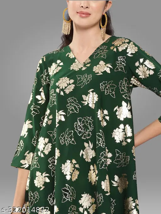Bottle green crepe foil printed short kurta with Palazzo - Indian women's ethnic wear in crepe fabric with V-neck, 3/4 sleeves, and A-line silhouette